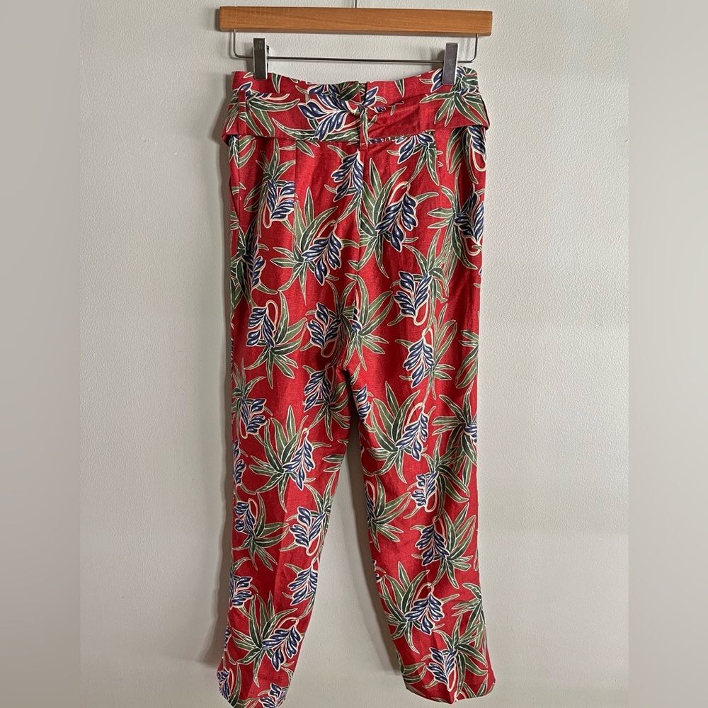 Lulus Moon River Linen Blend Paperbag Belted Crop Pants Red Tropical S - Picture 8 of 11